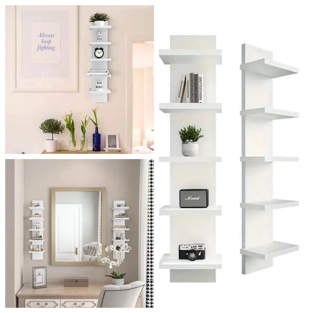 étagère murale moderne niveaux blanc texture bois fixations vis chambre salon