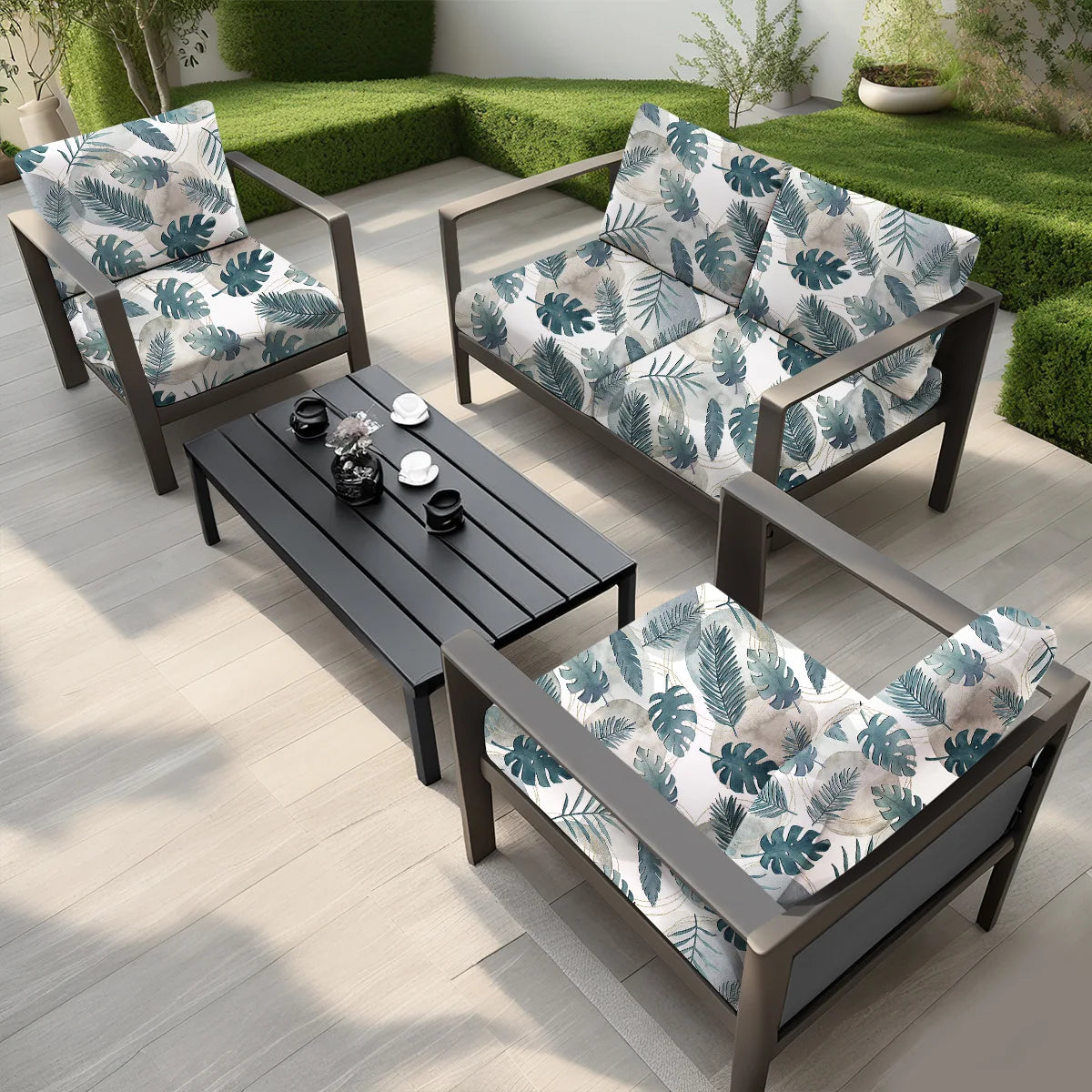 canapé extérieur moderne coussins fleurs tropicales beige vert orange printemps été polyestère lavable machine