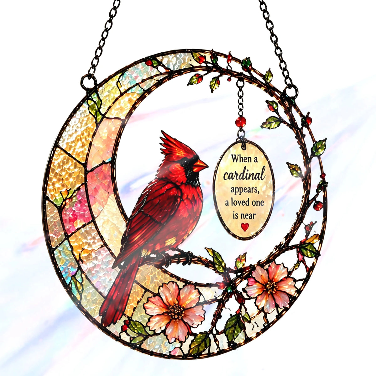 ornement oiseau cardinal verre mosaïque rouge jaune vert bleu fleurs feuilles soleil artisanal suspendu