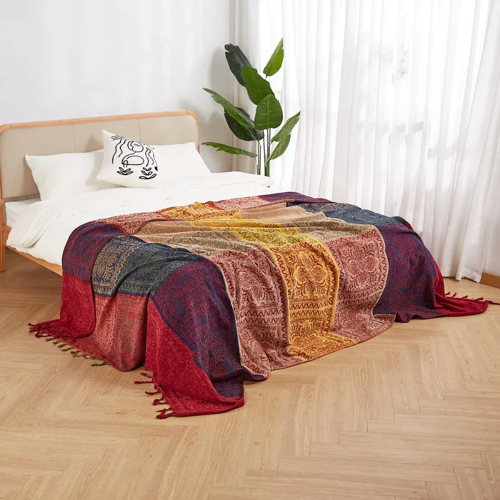 couverture boho patchwork motifs floraux rouge marron bleu beige printemps automne portable chambre canapéhôtel