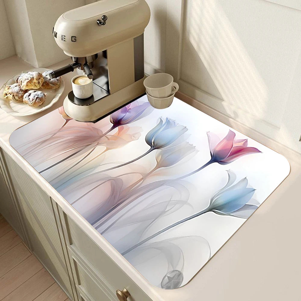tapis cuisine séchage vaisselle gris motif floral moderne antidérapant absorbant facile nettoyage