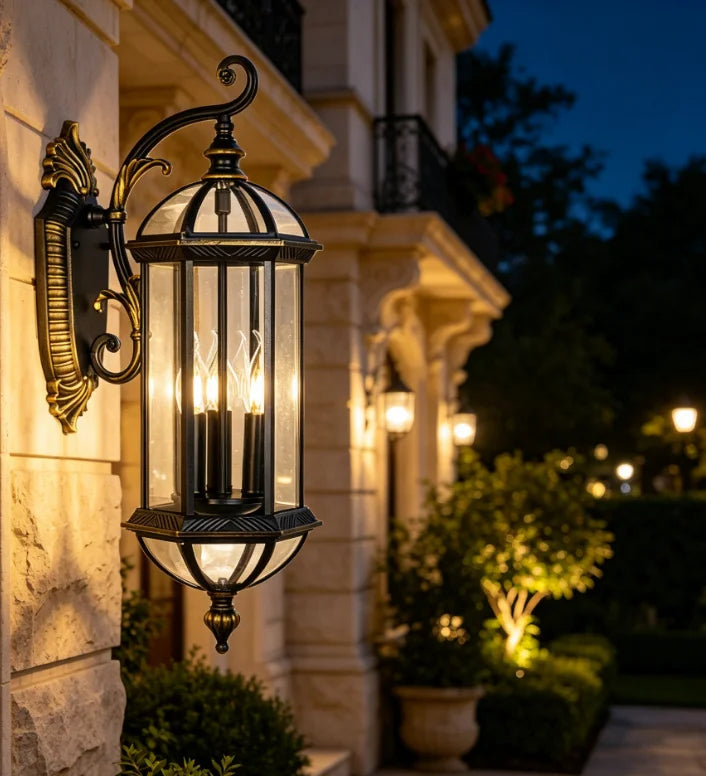 lampe murale classique vintage noir doré verre translucide métal éclairage extérieur hydrofuge trois ampoules