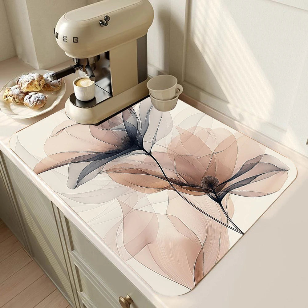 tapis cuisine séchage vaisselle gris motif floral moderne antidérapant absorbant facile nettoyage