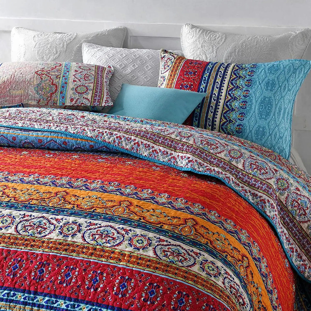couvre lit boho chic motifs ethniques 100% coton bleu rouge orange beige blancversible