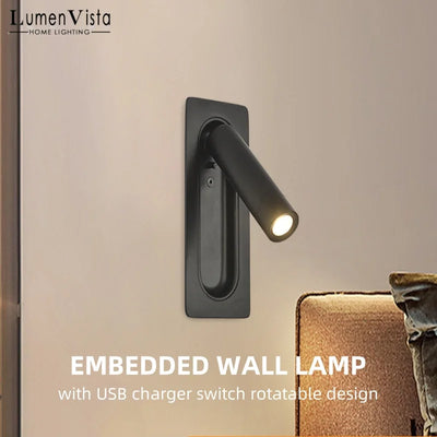 Applique murale LED noire avec interrupteur et port USB pour chevet