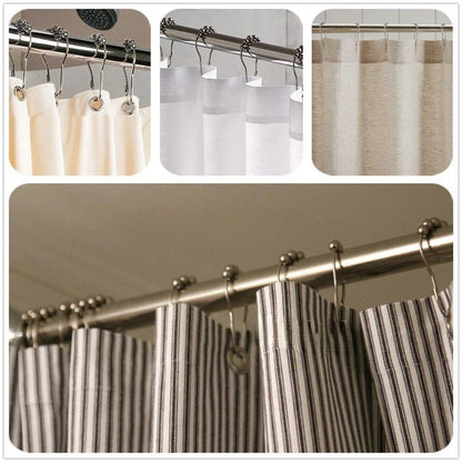 Crochets dorés pour rideaux utilisés avec divers types d'attaches et de tissus, montrant leur compatibilité universelle.