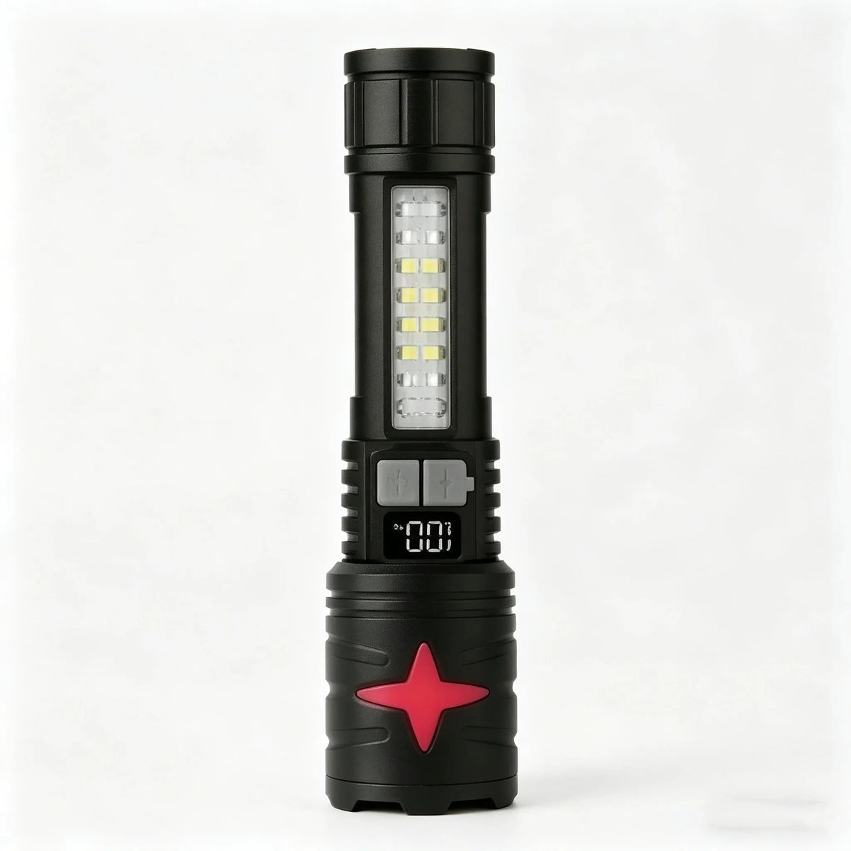 lampe torche multifonction rechargeable led noire texturée affichage numérique zoom intense résistant chocs