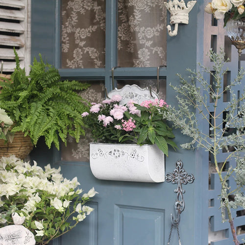 Bac fleurs mural vintage fer blanc décoration florale sculptée extérieurversible comme panier suspendu