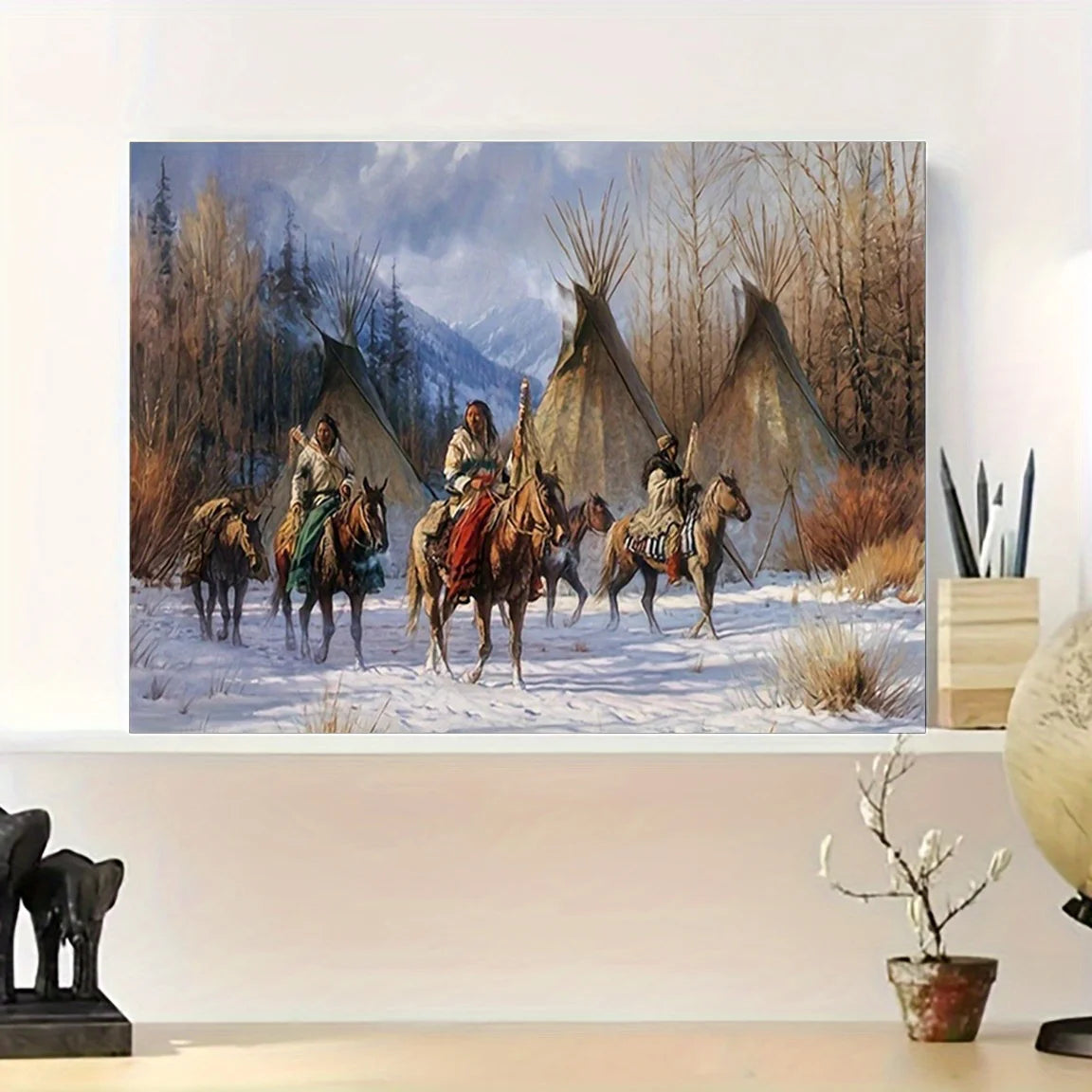 toile d'art multicolore personnages indiens chevaux tipis peinture huile ethnique réaliste clips