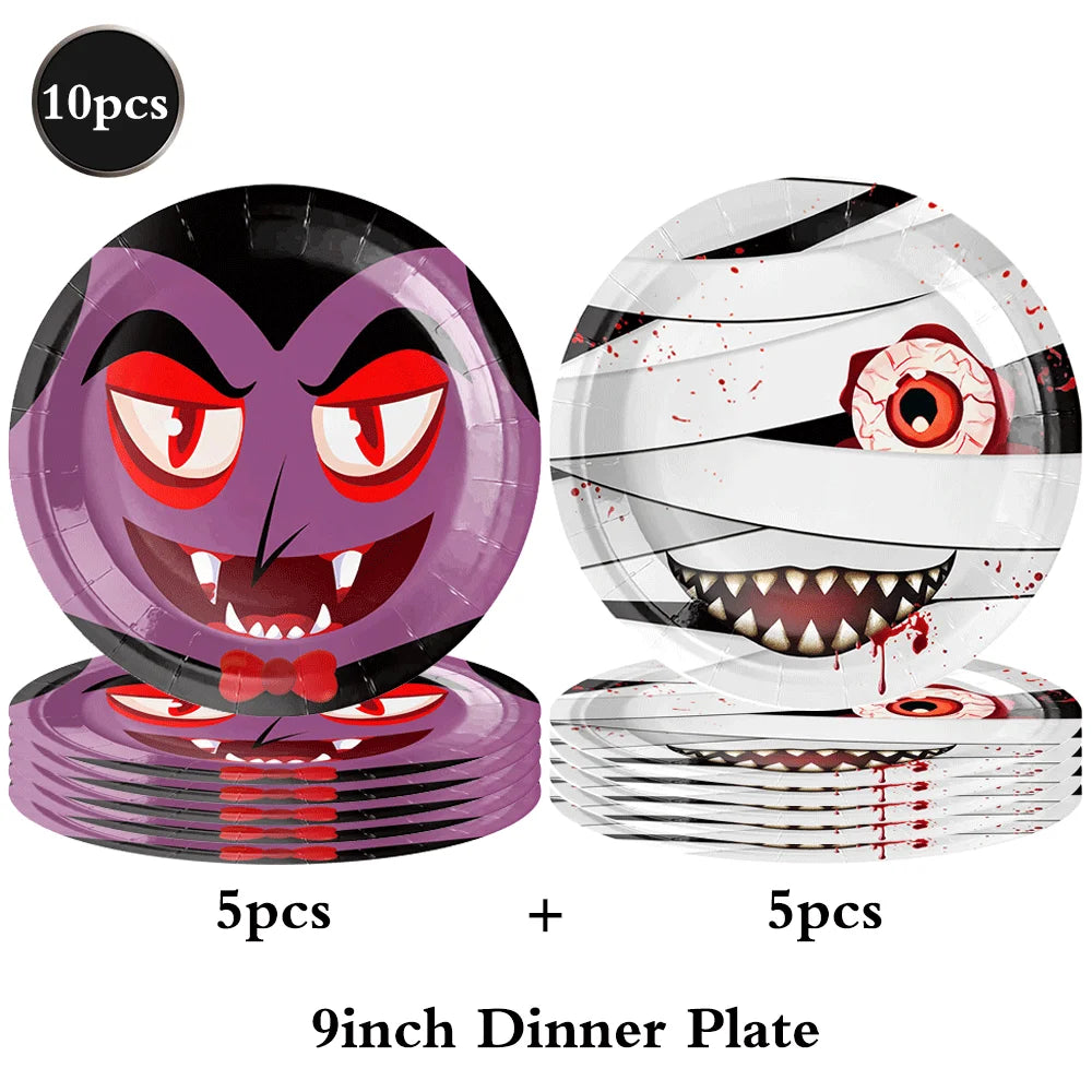 assiettes fantômes halloween citrouilles monstres serviettes gobellets sacs bonbons napkins bannières