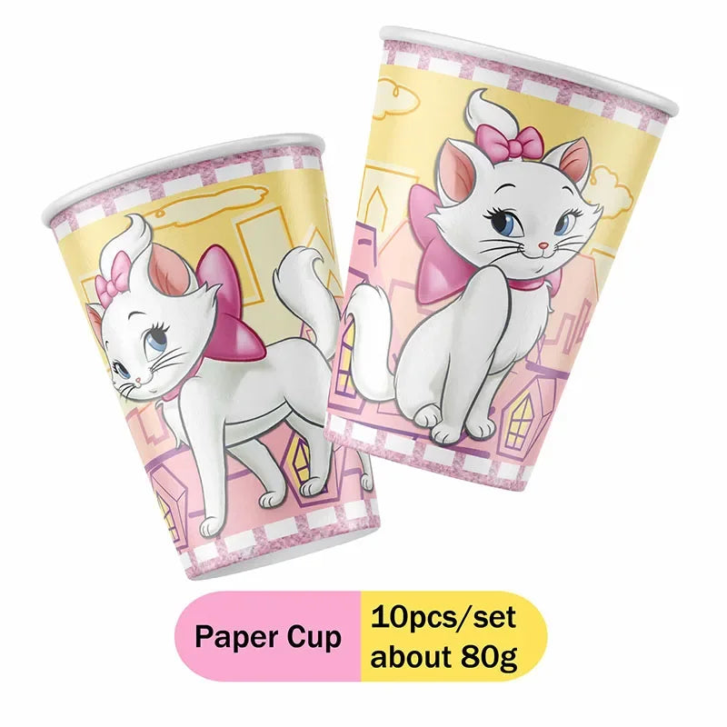 décoration anniversaire fille chat blanc rose assiettes gobelets pailles broches autocollants fête enfant