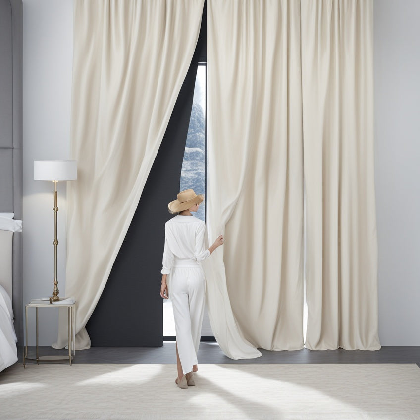 Femme touchant un Rideaux Occultants Blanc Cassé, Transformez votre intérieur avec des rideaux occultants blanc cassé poly...