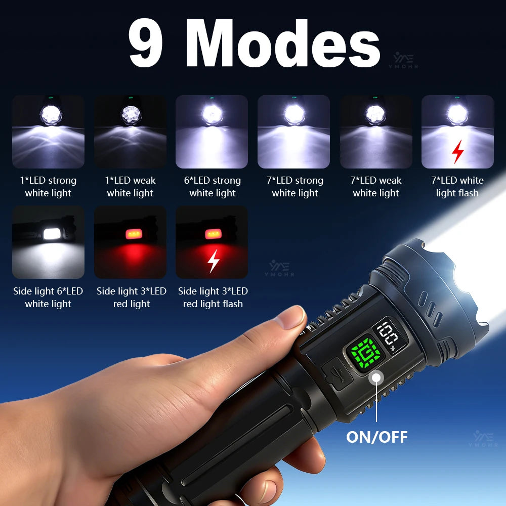 lampe torche rechargeable 300w led noire affichage numérique distance 50100mètres