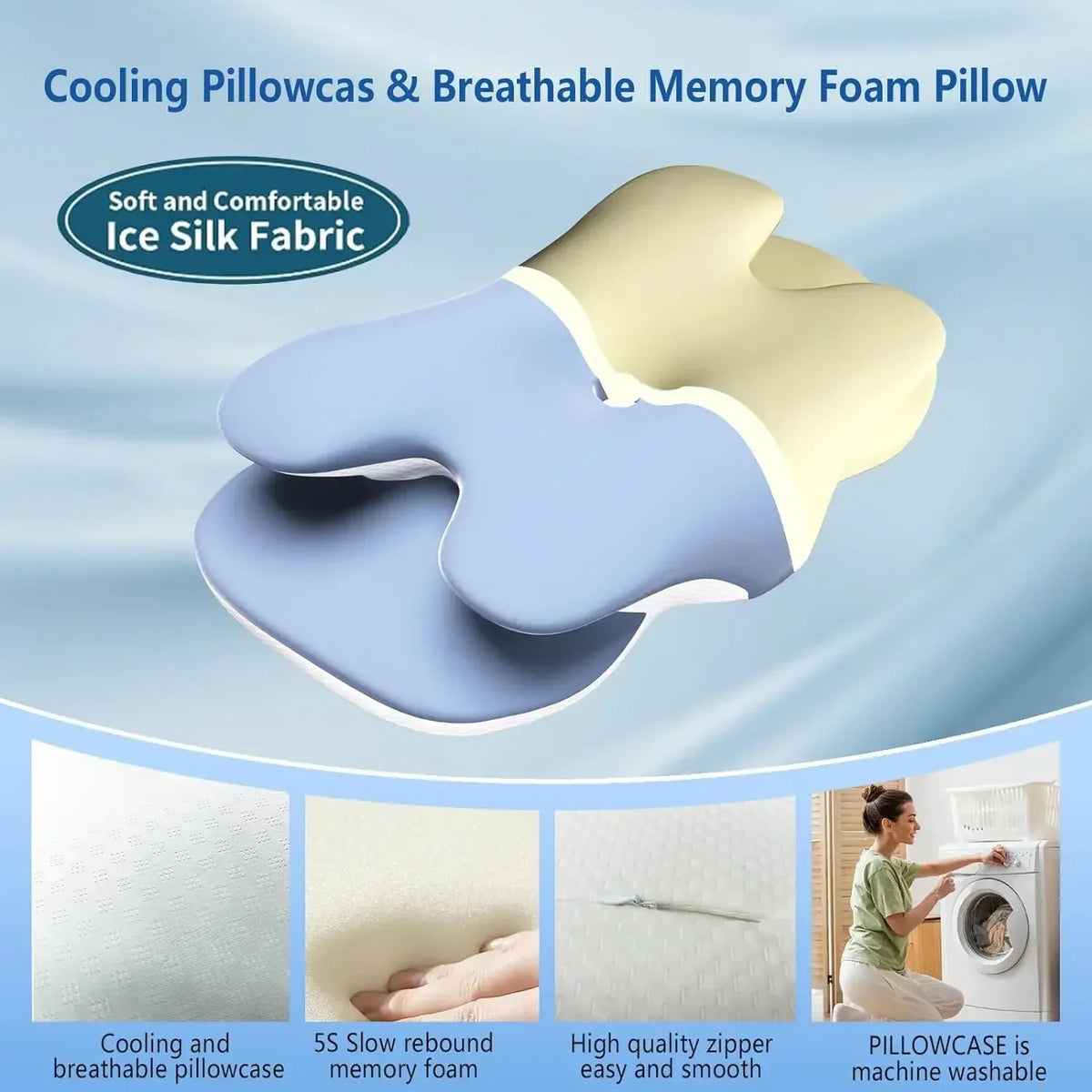 oreiller ergonomique soie glacée mousse mémoire forme soulagement cou patchwork bleu jaune blanc moderne