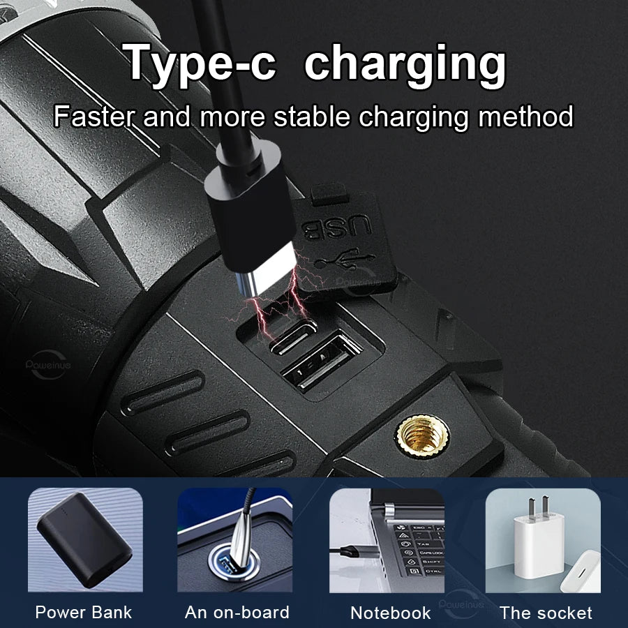 lampe poche rechargeable led ultra lumineuse résistante l'eau trépied banque d'alimentation