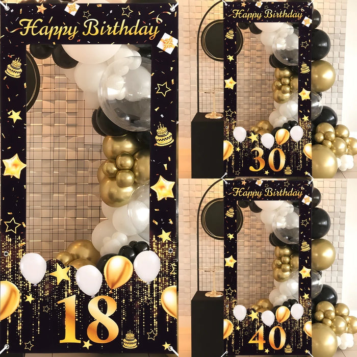 Cadre photo booth anniversaire adulte noir et or sur table de fête