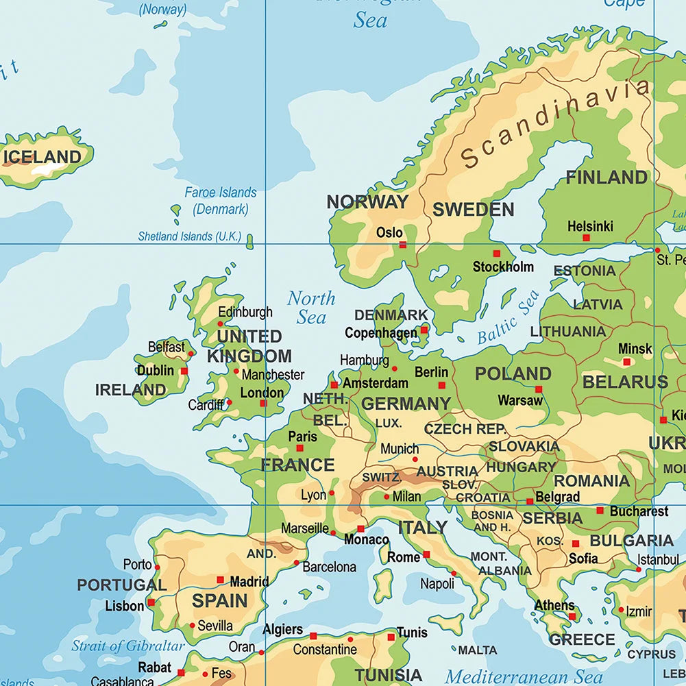 carte monde relief topographique villes marquées océans mers bleu vert beige