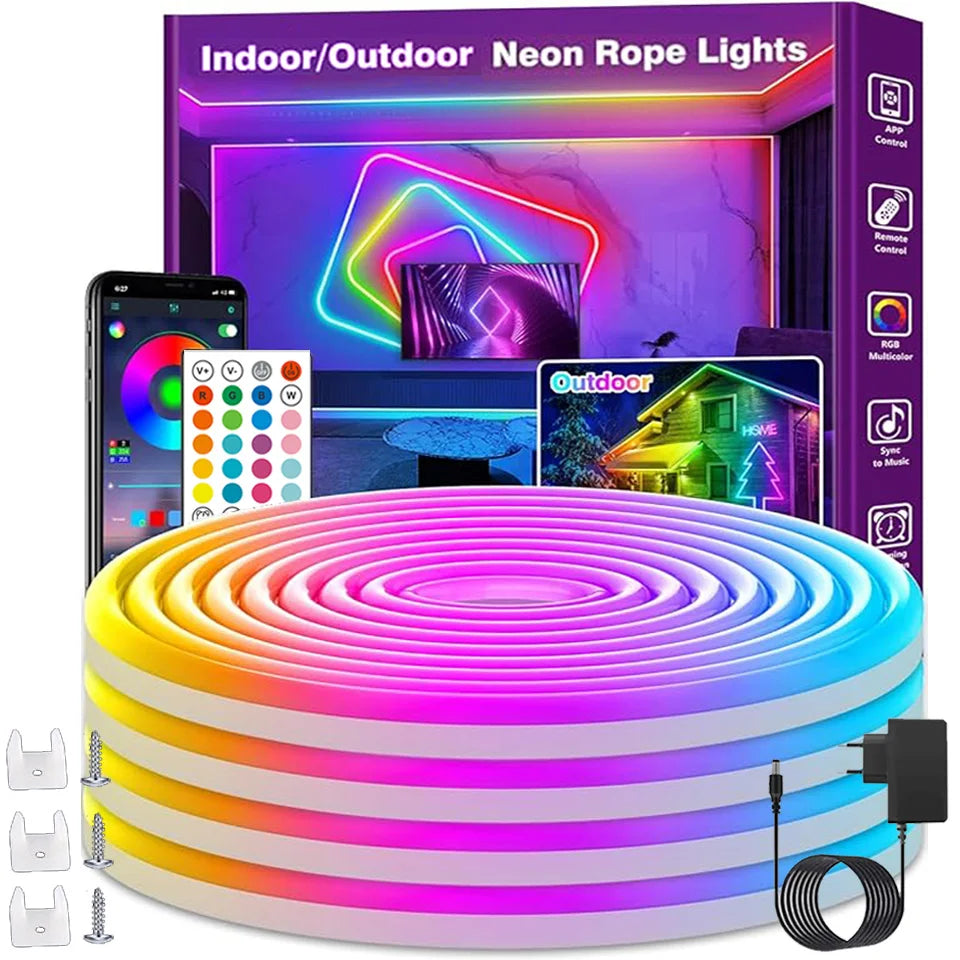 ruban lumineux néon multicolore flexible moderne clips fixation bluetooth contrôlable étancheextérieur