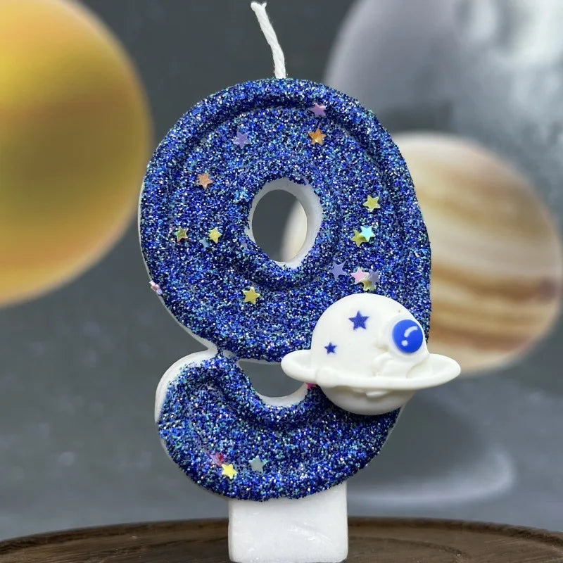 bougies numéraires bleu pailleté motif étoiles thème espace anniversaire mariage fiançailles tringle