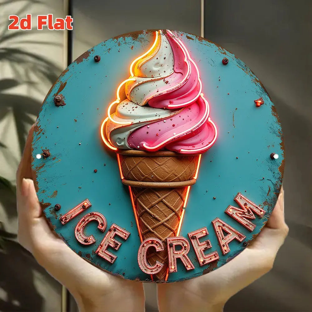 plaque publicitaire ice cream bleu rose blanc glace cornet texte rétro décoration murale boutique