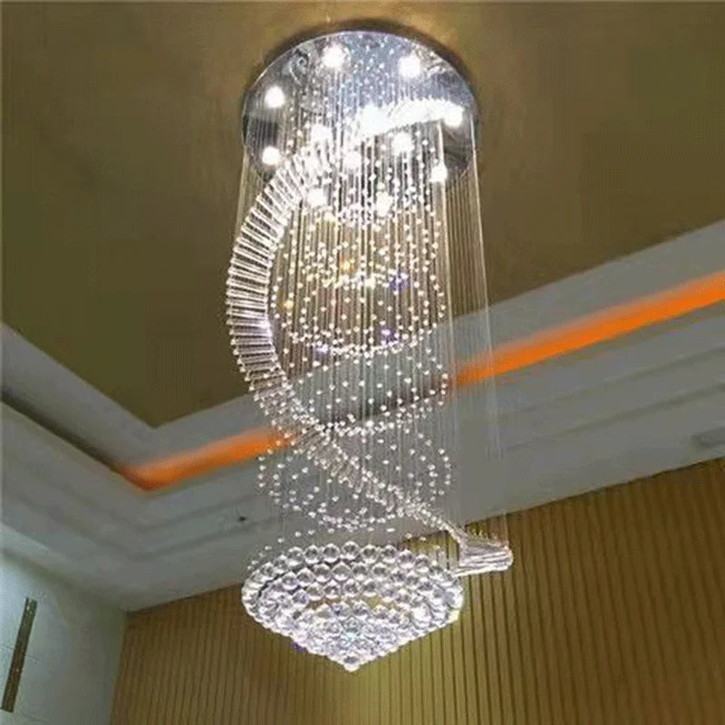 lustre suspension cristal transparent moderne éclairage escalier salon hall maison luxe