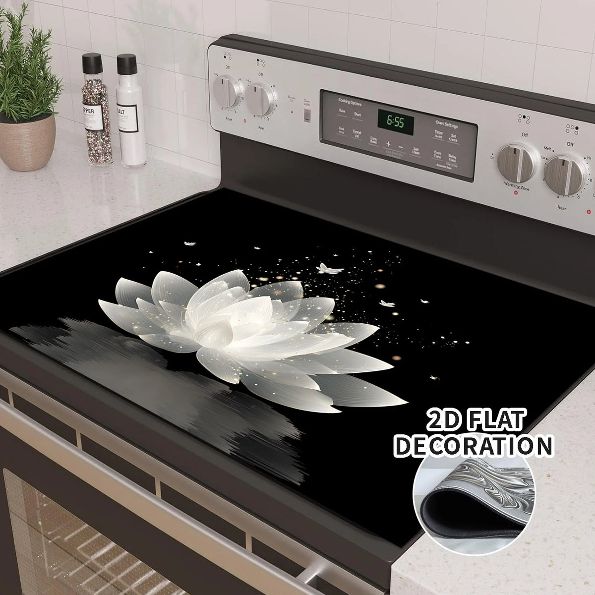 protège plaque induction noir blanc doré motif lotus effet miroir adhésif flexible décoration cuisine