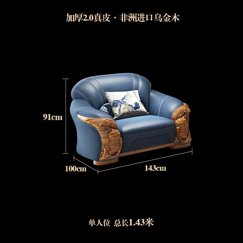 canapé bleu cuir classique ornements bois coussins décoratifs salon moderne chinese