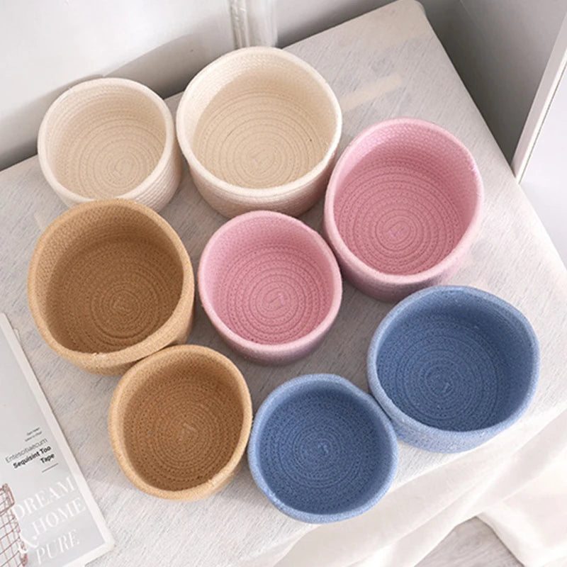 corbeilles tissées coton réutilisables rangement moderne rustique beige rose bleu clair