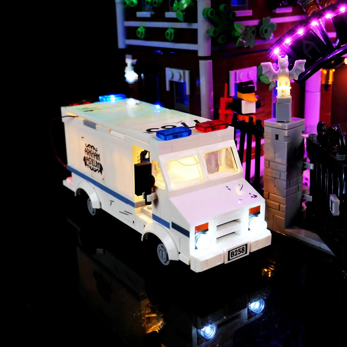 éclairage led construction lego arkham asylum affiches personnages ambulance portes plaques textes fantaisie sciencefiction
