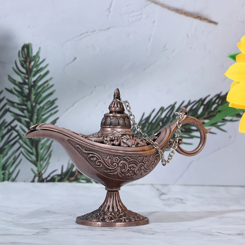 lampe huile bronze ornements floraux artisanale chaîne support traditionnelle métal
