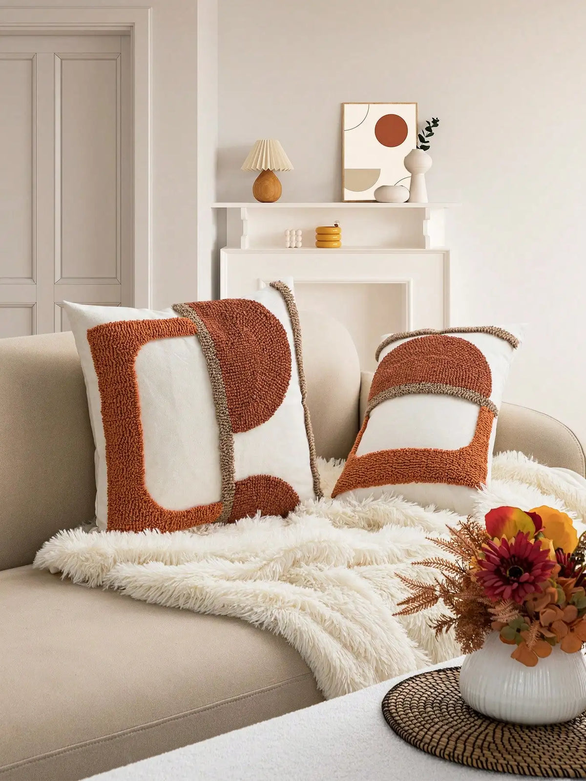 taies d'oreiller géométriques orange blanches contemporaines 45x45 cm 30x50 cm