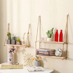 étagère suspendue bois naturel rustique boho chic corde nouée salle bain chambre