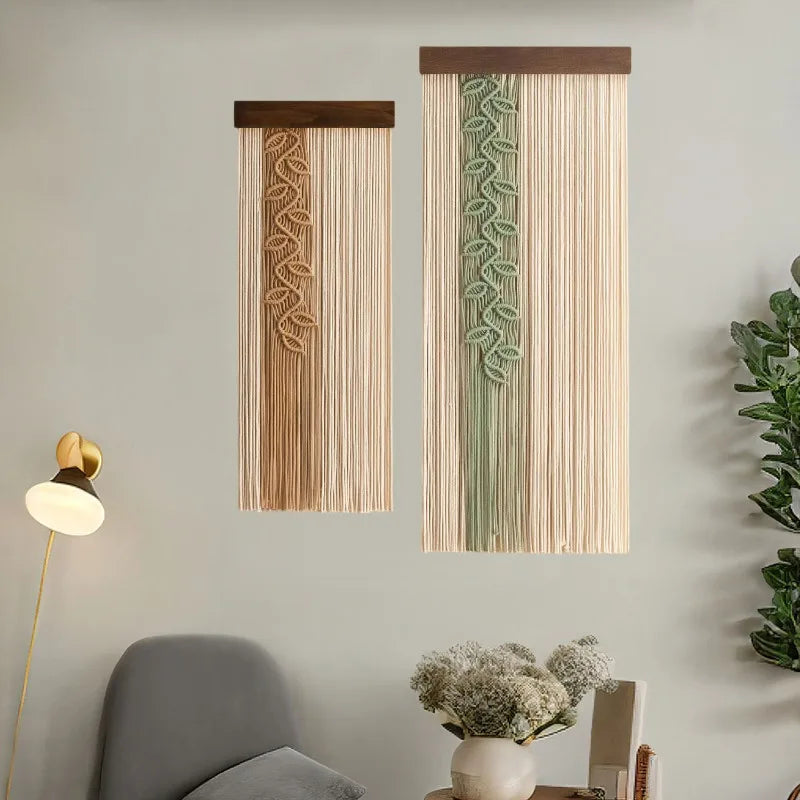 rideau corde motif feuilles moderne beige vert clair artisanal opacité