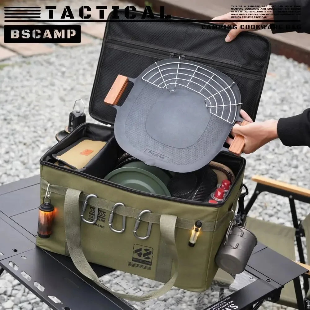 sac rangement camping vert olive imprimé militaire 30L étanche boucles métalliques assiettes couvercles bouteille