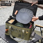 sac rangement camping vert olive imprimé militaire 30L étanche boucles métalliques assiettes couvercles bouteille