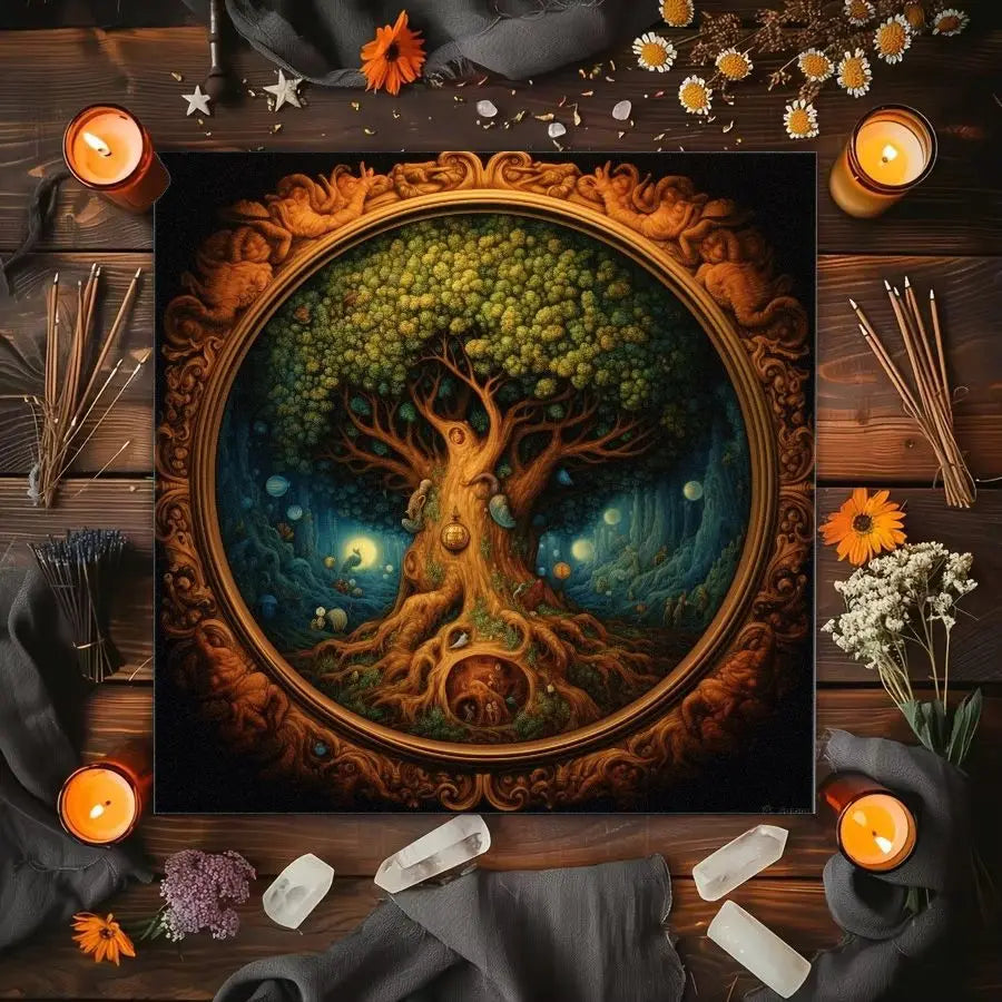 toile d'art arbre vie bougies herbes fleurs séchées noir doré printemps été fantaisie chambre
