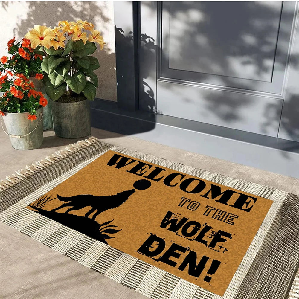 tapis d'entrée marron loup hurlant welcome wolf den antidérapant résistant extérieur intérieur vintage rustique