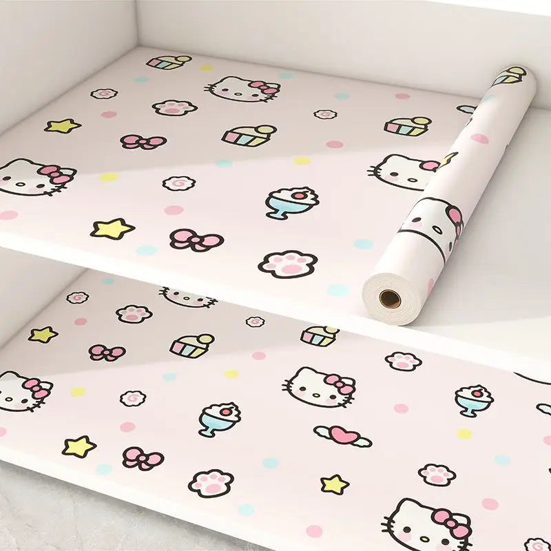 tapis protection meubles hello kitty dessins coeurs étoiles gâteaux adhésif beige clair 300x45cm résistant