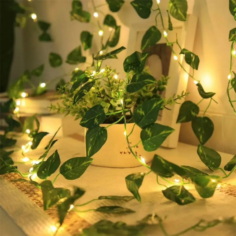 guirlande lumineuse feuilles vertes led blanc moderne décoration intérieure salle clips festive chambre salon