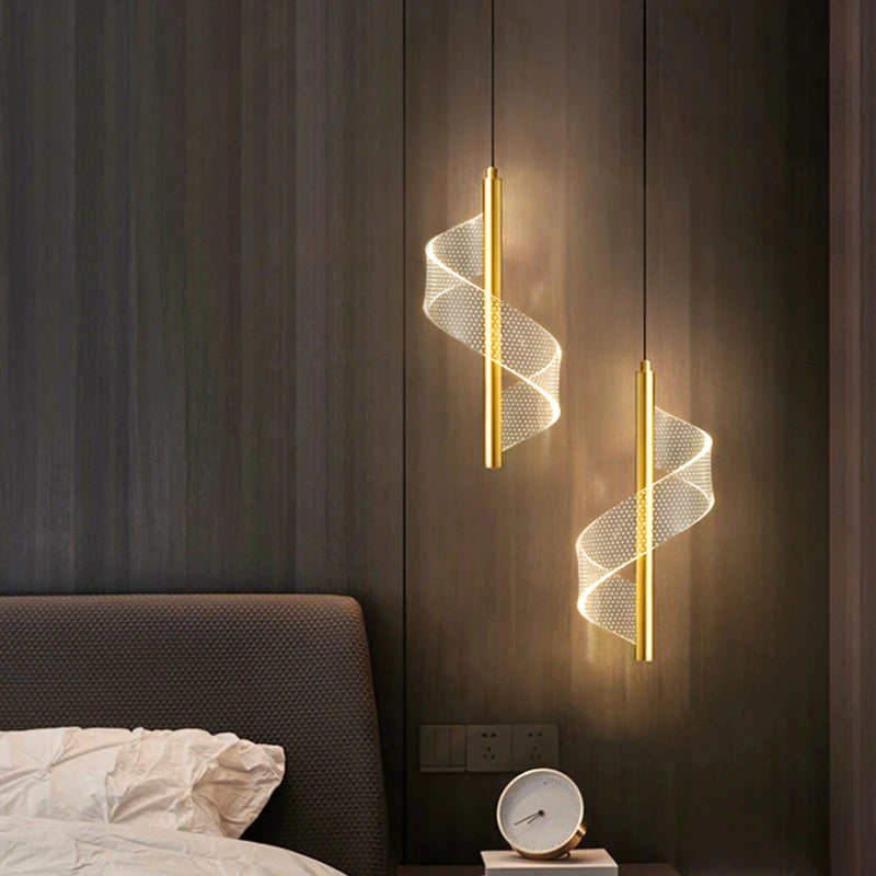 suspension lumineuse moderne or blanc spirale transparent chambre salon