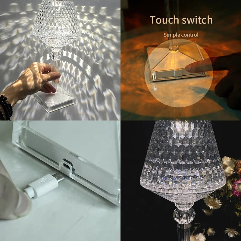 lampe poser led rechargeable transparente diamantée moderne interrupteur tactile