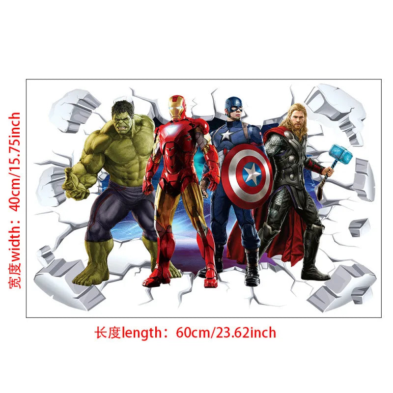 sticker mural 3d super héros hulk iron man captain america thor rouge bleu vert