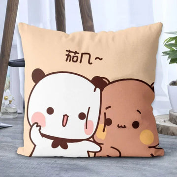 coussin carré mignon personnages ours lapin imprimé beige rose blanc doux cartoon
