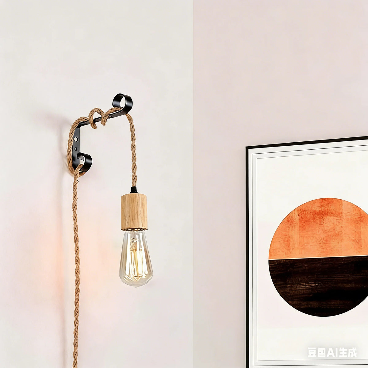 lampe suspension câble tressé marron clair interrupteur noir moderne rustique