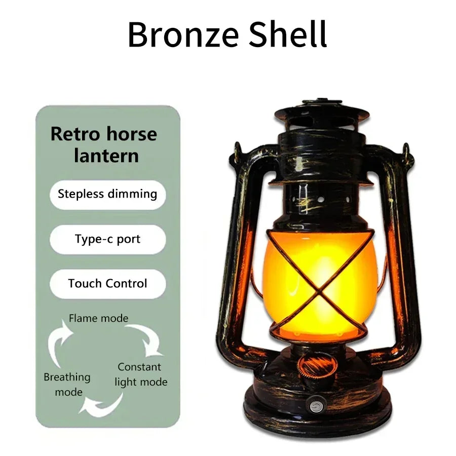 lanterne rétro rechargeable suspension camping bronze vieilli verre translucide éclairage décoratif modes lumière camping