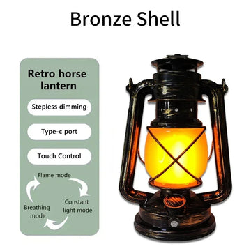 lanterne rétro rechargeable suspension camping bronze vieilli verre translucide éclairage décoratif modes lumière camping