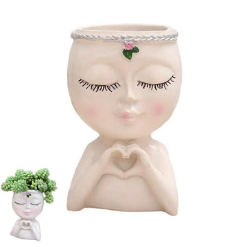 pots décoratifs résine tête féminine succulentes fleurs herbes bohème zen blanc rose vert