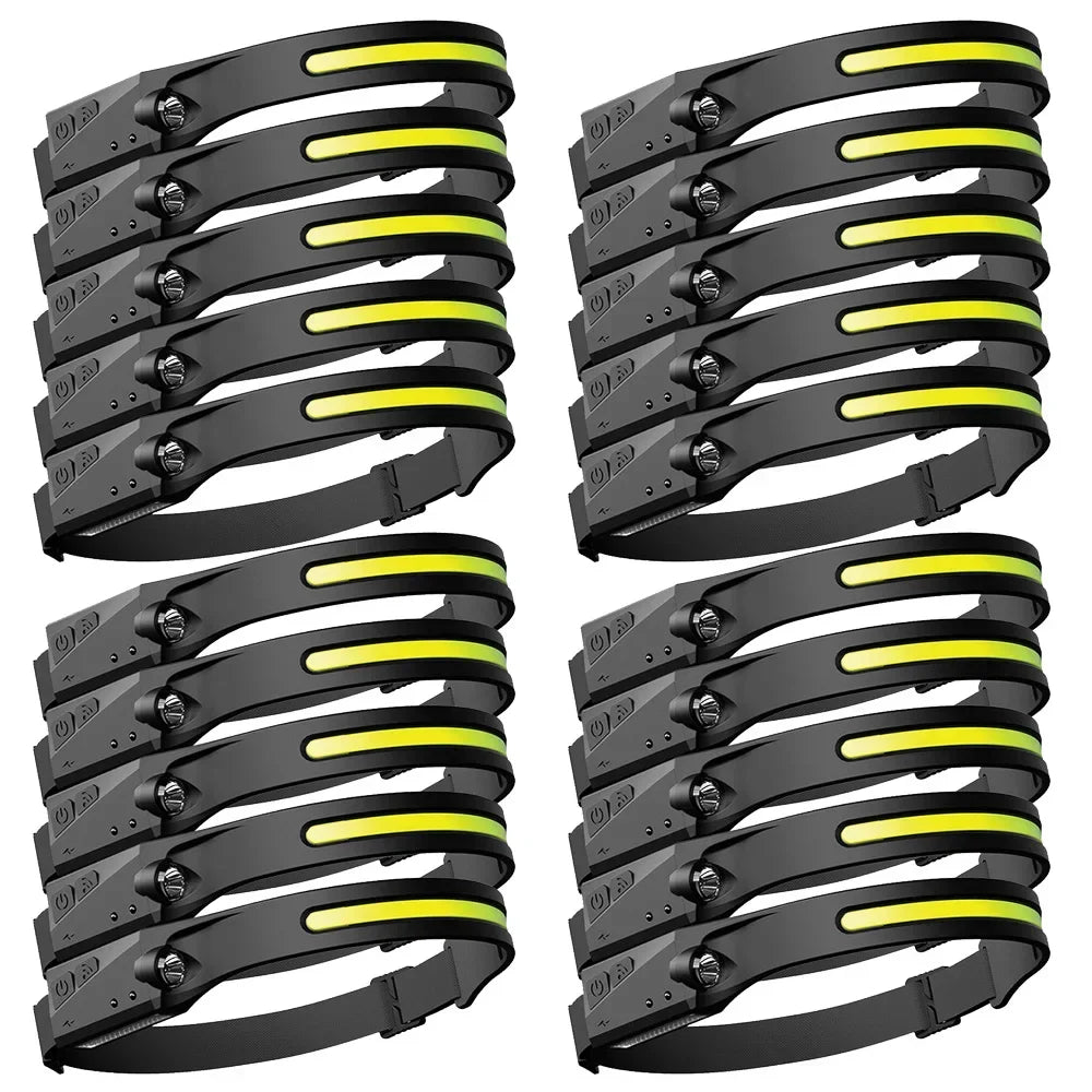 lampe frontale rechargeable noire jaune fluo lisse brillante moderne pratique ceinture ajustable