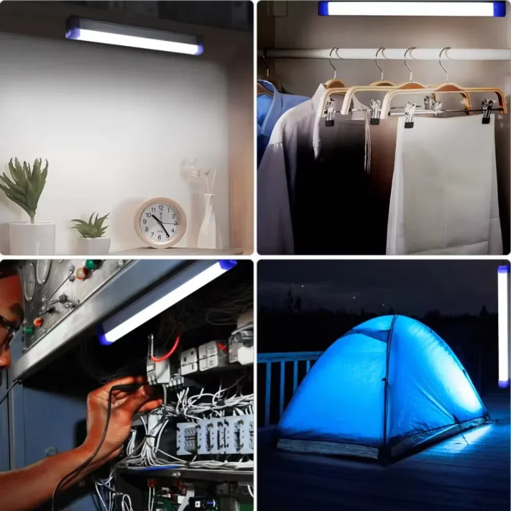 lampe led rechargeable clips magnétiques blanc bleu moderne pratique éclairage extérieur nuit campingurgence
