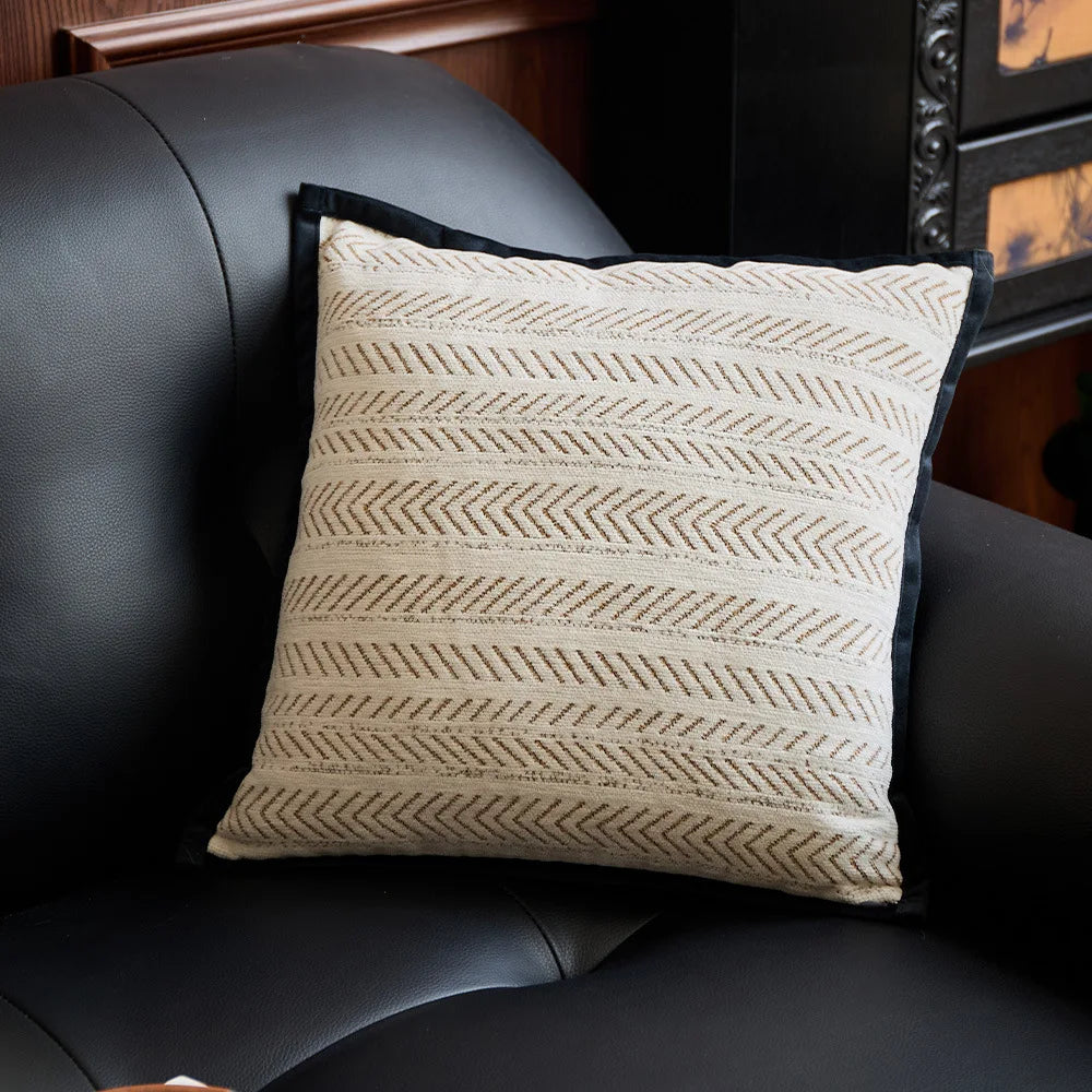 taies d'oreiller jacquard moderne rayures noires beige vert olive maison décoration écologique non toxique